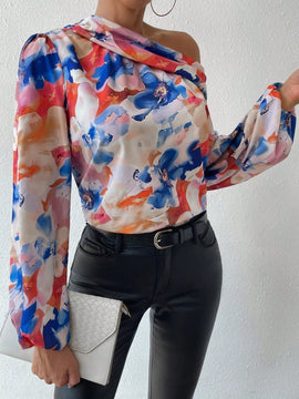 Prive Blusa De Manga Larga Con Manga De Linterna, Cuello Asimetrico Con Estampado Floral