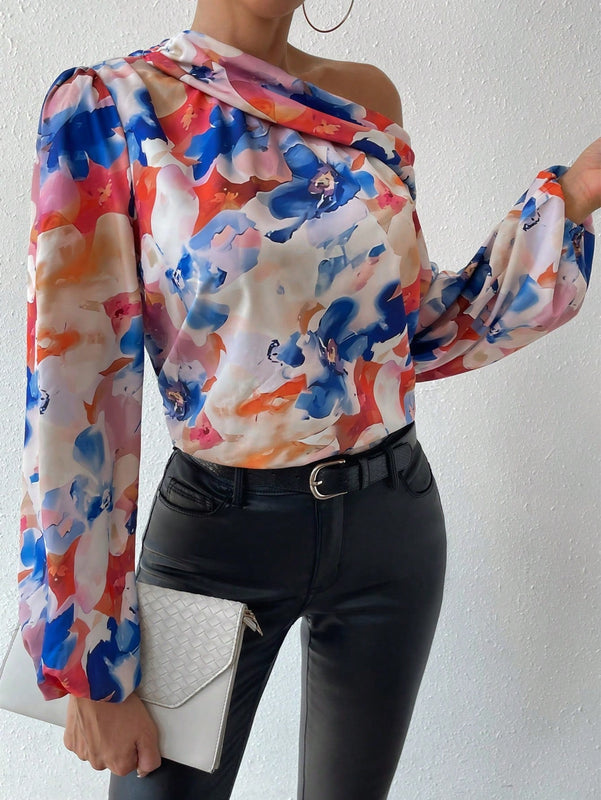 Prive Blusa De Manga Larga Con Manga De Linterna, Cuello Asimetrico Con Estampado Floral