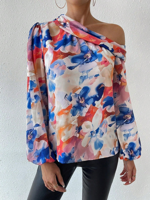 Prive Blusa De Manga Larga Con Manga De Linterna, Cuello Asimetrico Con Estampado Floral
