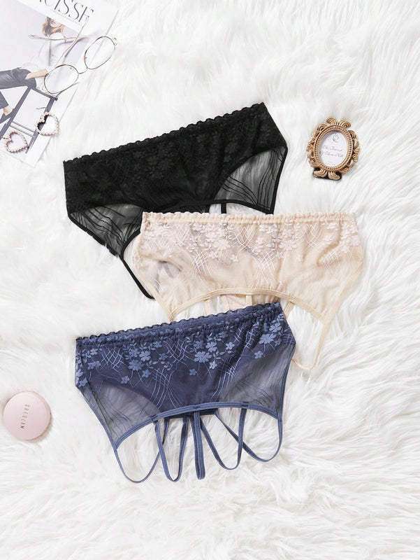 3 Piezas/paquete Ropa Interior Sexy Con Patron Floral En Tallas Estandar