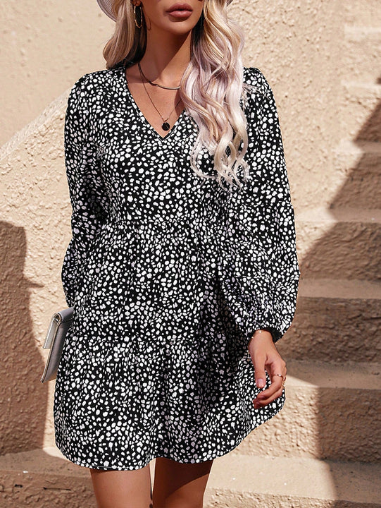 Vestido smock con estampado de lunares de manga farol bajo con fruncido