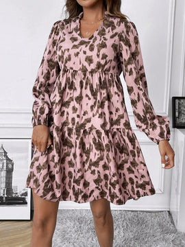Vestido Con Cuello De Muneca Y Manga Farol Con Estampado De Leopardo Para Mujer