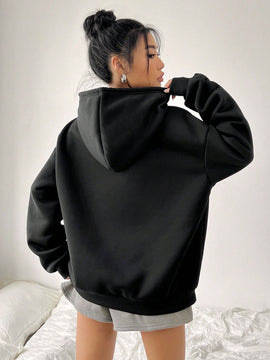 Ezwear sudadera informal tipo streetwear con lema, con corte holgado, estampado negro y rosa, para mujer, otono invierno