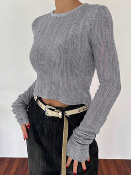 DAZY Sueter Corto Basico De Cuello Redondo Gris Para Mujer
