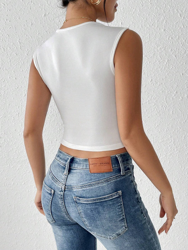 Prive Top Tank Plisado Sin Mangas De Color Solido Con Escote Plisado