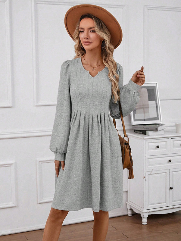 EMERY ROSE Vestido de cuello notch de manga farol con fruncido