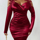 SXY Vestido con diseno aplique de hombros descubiertos fruncido lateral