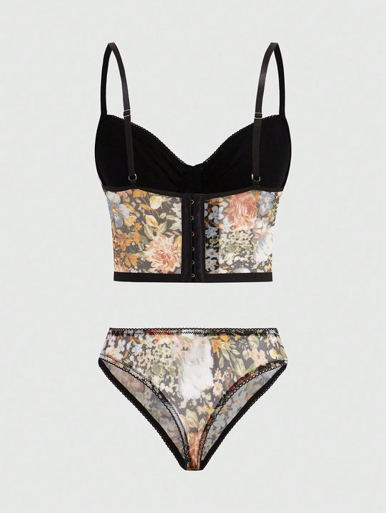 ROMWE Fairycore Conjunto De Ropa Interior De Mujer Con Estampado Floral (Brasier Y Tangas)