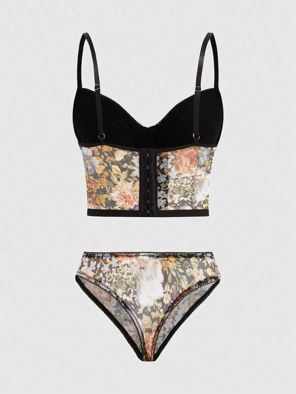 ROMWE Fairycore Conjunto De Ropa Interior De Mujer Con Estampado Floral (Brasier Y Tangas)
