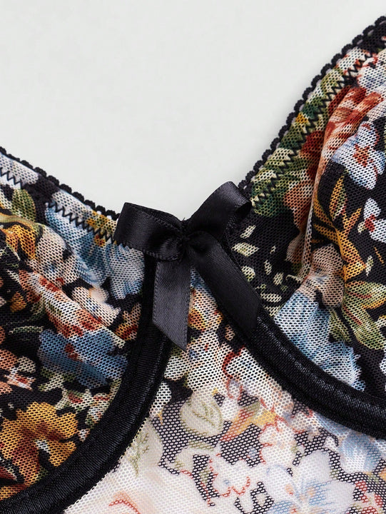 ROMWE Fairycore Conjunto De Ropa Interior De Mujer Con Estampado Floral (Brasier Y Tangas)