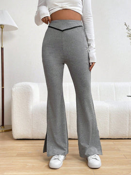 Pantalones Rectos De Pierna Recta Con Bloqueo De Color Y Dobladillo Dividido