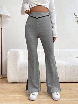 Essnce Pantalones Rectos De Pierna Recta Con Bloqueo De Color Y Dobladillo Dividido