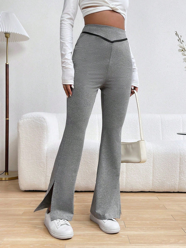 Pantalones Rectos De Pierna Recta Con Bloqueo De Color Y Dobladillo Dividido