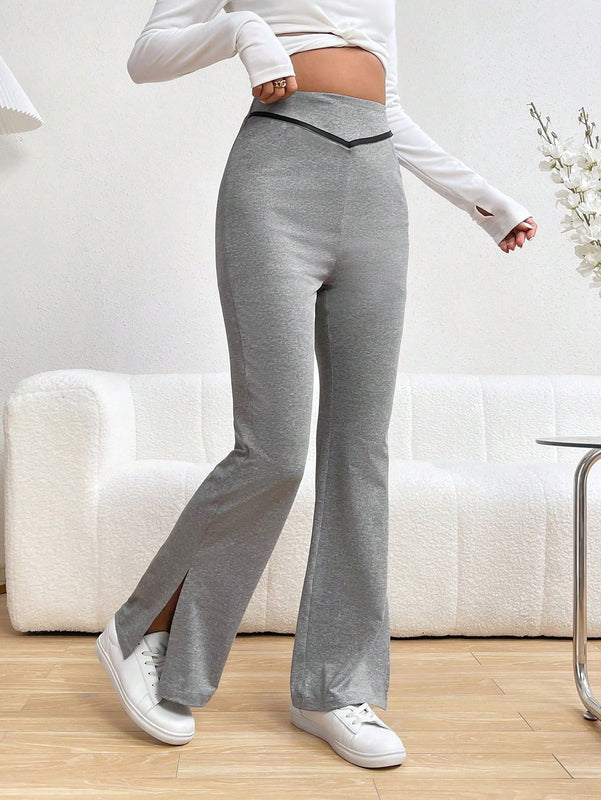 Pantalones Rectos De Pierna Recta Con Bloqueo De Color Y Dobladillo Dividido