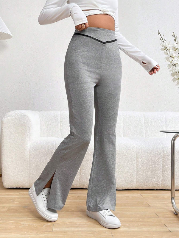 Essnce Pantalones Rectos De Pierna Recta Con Bloqueo De Color Y Dobladillo Dividido