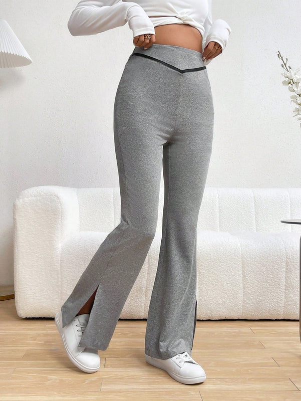 Pantalones Rectos De Pierna Recta Con Bloqueo De Color Y Dobladillo Dividido