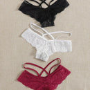 3 piezas de tangas de encaje cruzado para mujer, negro/blanco/rojo