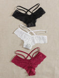 3 piezas de tangas de encaje cruzado para mujer, negro/blanco/rojo