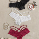 3 piezas de tangas de encaje cruzado para mujer, negro/blanco/rojo
