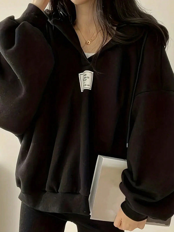 Ezwear sudadera con capucha de manga larga informal con estampado de letra, hombros caidos y cordon, para otono