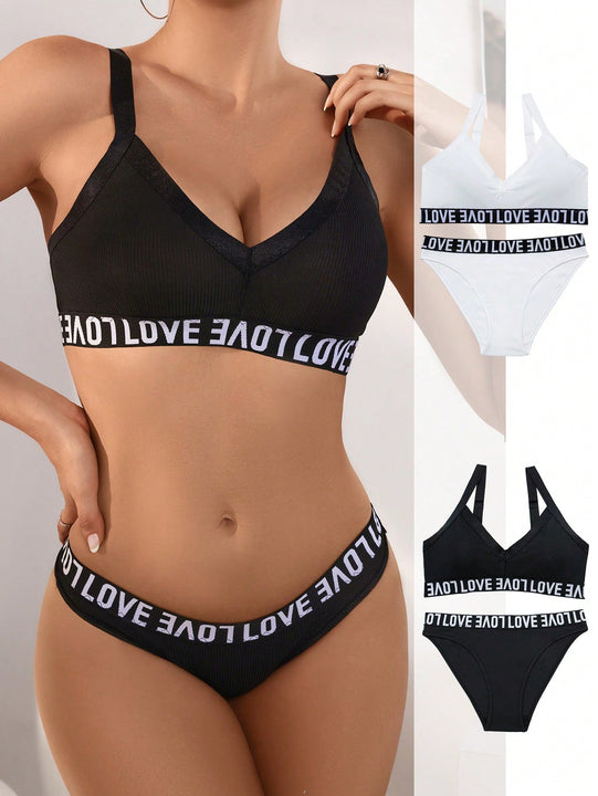 Conjunto De Brasier Y Panty De Tirantes Elastico Con Patron De Letras Para Mujeres