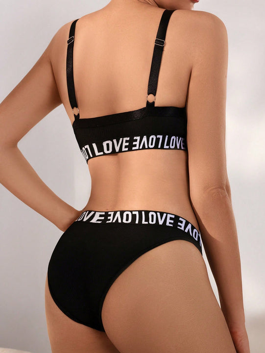Conjunto De Brasier Y Panty De Tirantes Elastico Con Patron De Letras Para Mujeres