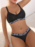 Conjunto De Brasier Y Panty De Tirantes Elastico Con Patron De Letras Para Mujeres