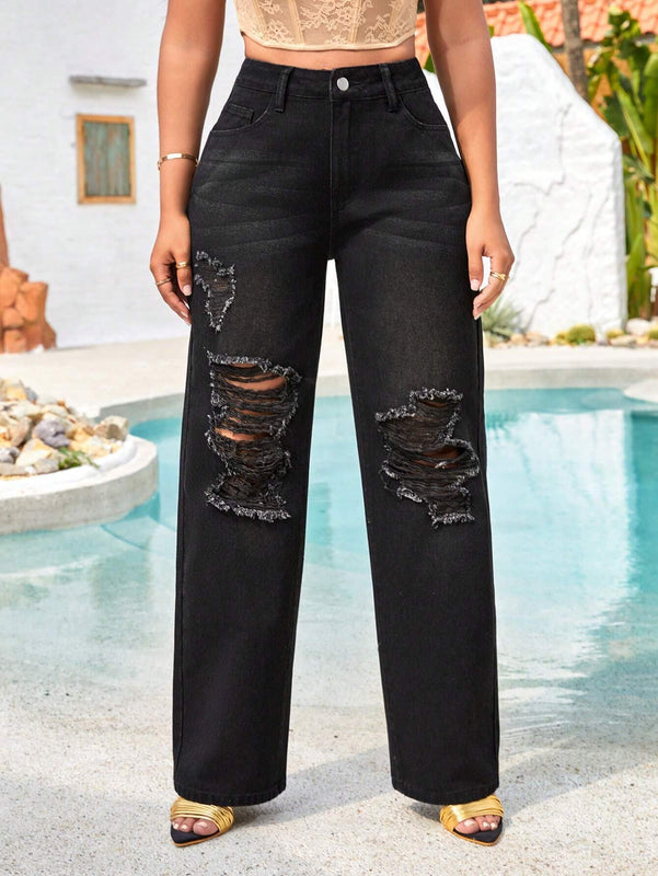 SXY Pantalones Jeans De Pierna Recta Para Mujer Con Detalles De Rasgaduras Y Efecto De Arrugas