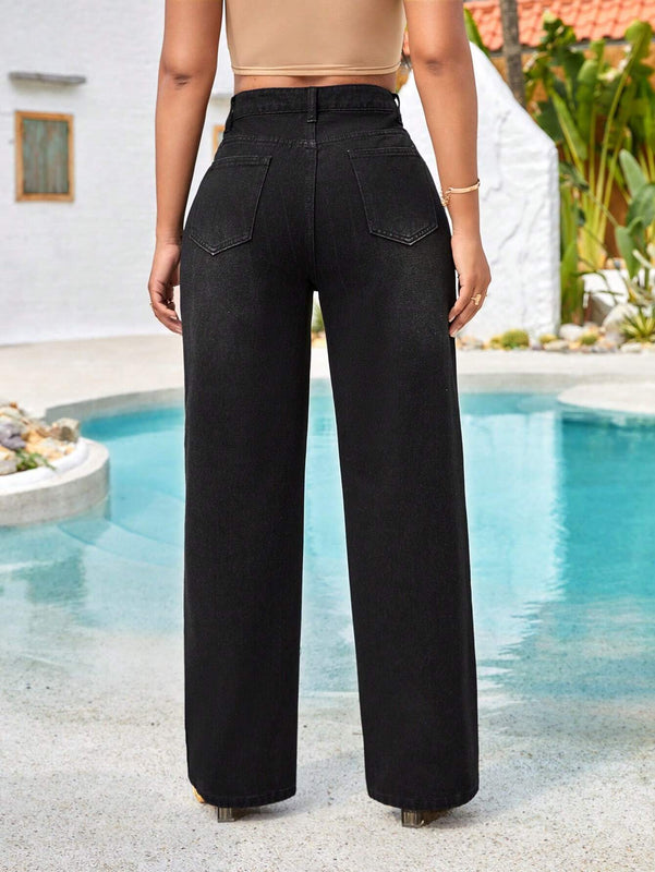 SXY Pantalones Jeans De Pierna Recta Para Mujer Con Detalles De Rasgaduras Y Efecto De Arrugas