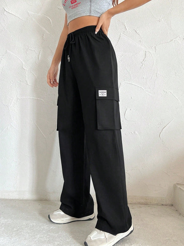 Pantalones Rectos De Trabajo Con Bolsillo De Solapa Y Aplique De Letra