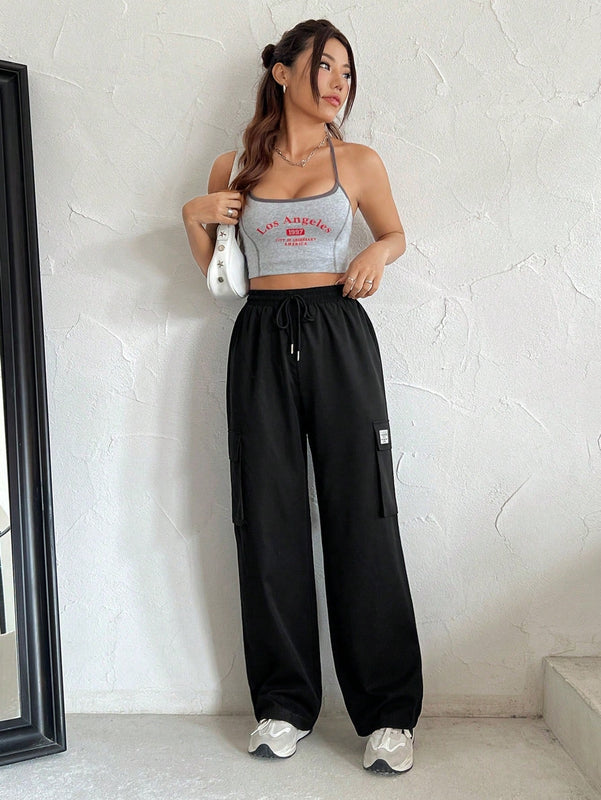 Pantalones Rectos De Trabajo Con Bolsillo De Solapa Y Aplique De Letra