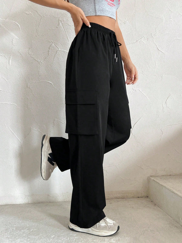 Pantalones Rectos De Trabajo Con Bolsillo De Solapa Y Aplique De Letra