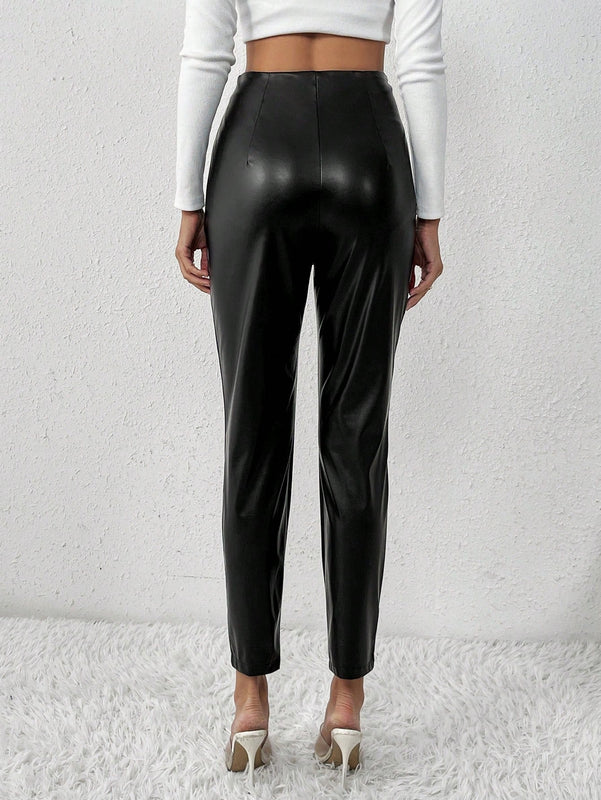 Pantalones Largos De Tela Con Decoracion De Cremallera Para Mujer