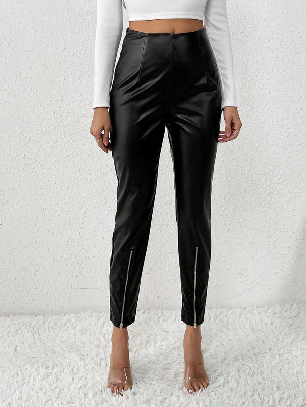 Pantalones Largos De Tela Con Decoracion De Cremallera Para Mujer
