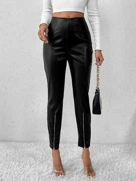 Pantalones Largos De Tela Con Decoracion De Cremallera Para Mujer