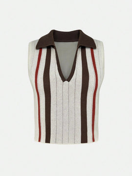 MOD Chaleco De Sueter A Rayas Contrastantes Con Cuello