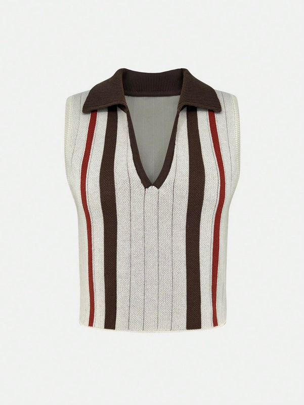MOD Chaleco De Sueter A Rayas Contrastantes Con Cuello