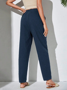 Pantalones Conicos De Cintura Elastica De Color Solido Para Mujer