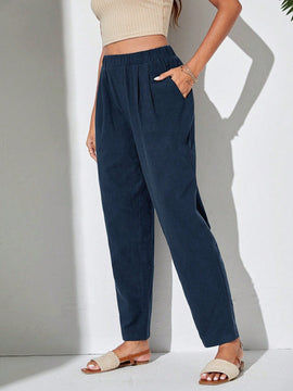 Pantalones Conicos De Cintura Elastica De Color Solido Para Mujer