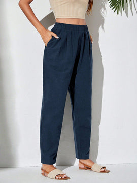 Pantalones Conicos De Cintura Elastica De Color Solido Para Mujer
