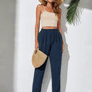 Pantalones Conicos De Cintura Elastica De Color Solido Para Mujer
