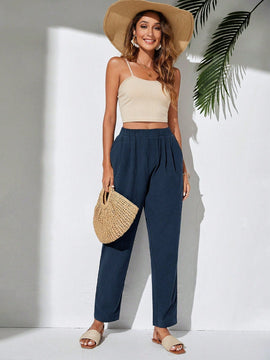 Pantalones Conicos De Cintura Elastica De Color Solido Para Mujer