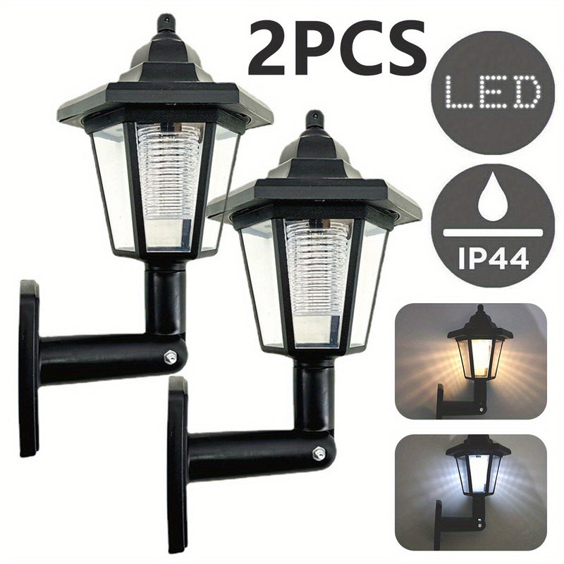 2 luces solares hexagonales para exterior, lámpara de pared LED con panel solar, farol retro, decoración de jardín, luz solar para calle