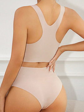 Conjunto De Sujetador Y Bragas Inalambricos Sin Costuras Para Mujer En Color Solido