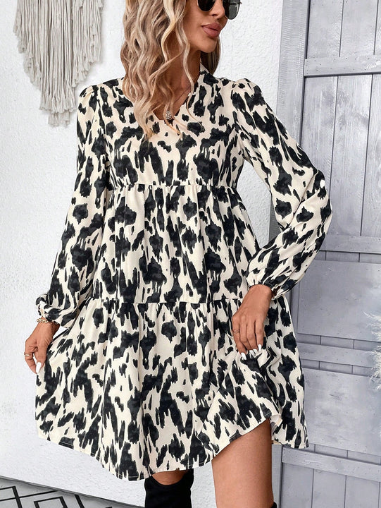 Vestido Con Cuello De Muneca Y Manga Farol Con Estampado De Leopardo Para Mujer