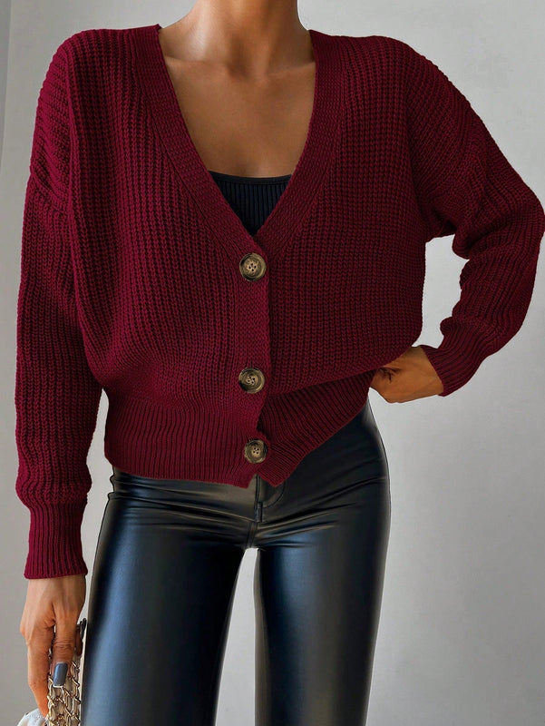Cardigan casual de un solo botonadura de mangas largas y hombros caidos de unicolor para mujer, otono/invierno