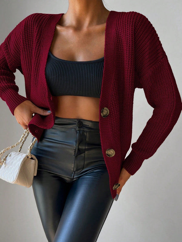 Cardigan casual de un solo botonadura de mangas largas y hombros caidos de unicolor para mujer, otono/invierno
