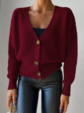 Cardigan casual de un solo botonadura de mangas largas y hombros caidos de unicolor para mujer, otono/invierno
