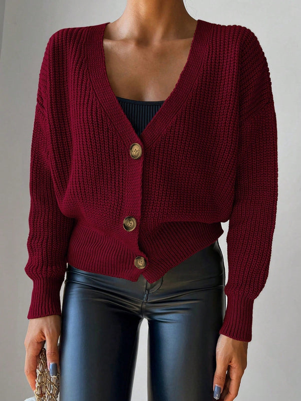 Cardigan casual de un solo botonadura de mangas largas y hombros caidos de unicolor para mujer, otono/invierno