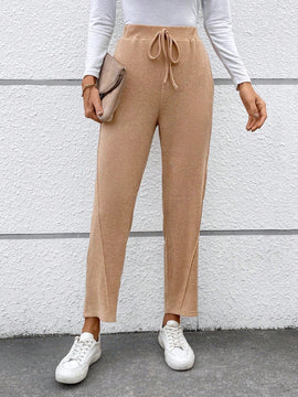 Pantalones Largos De Cintura Con Cordon De Color Solido Para Mujer